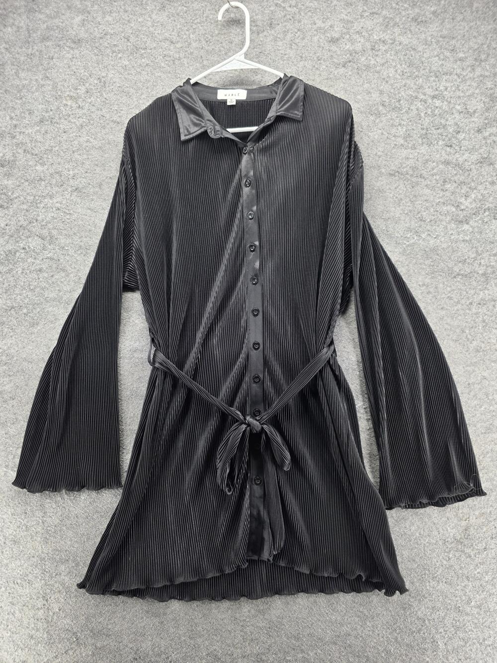MABLE Dress Womens XL Black Short Collared Bell Sleeve Shirt Dress Belted